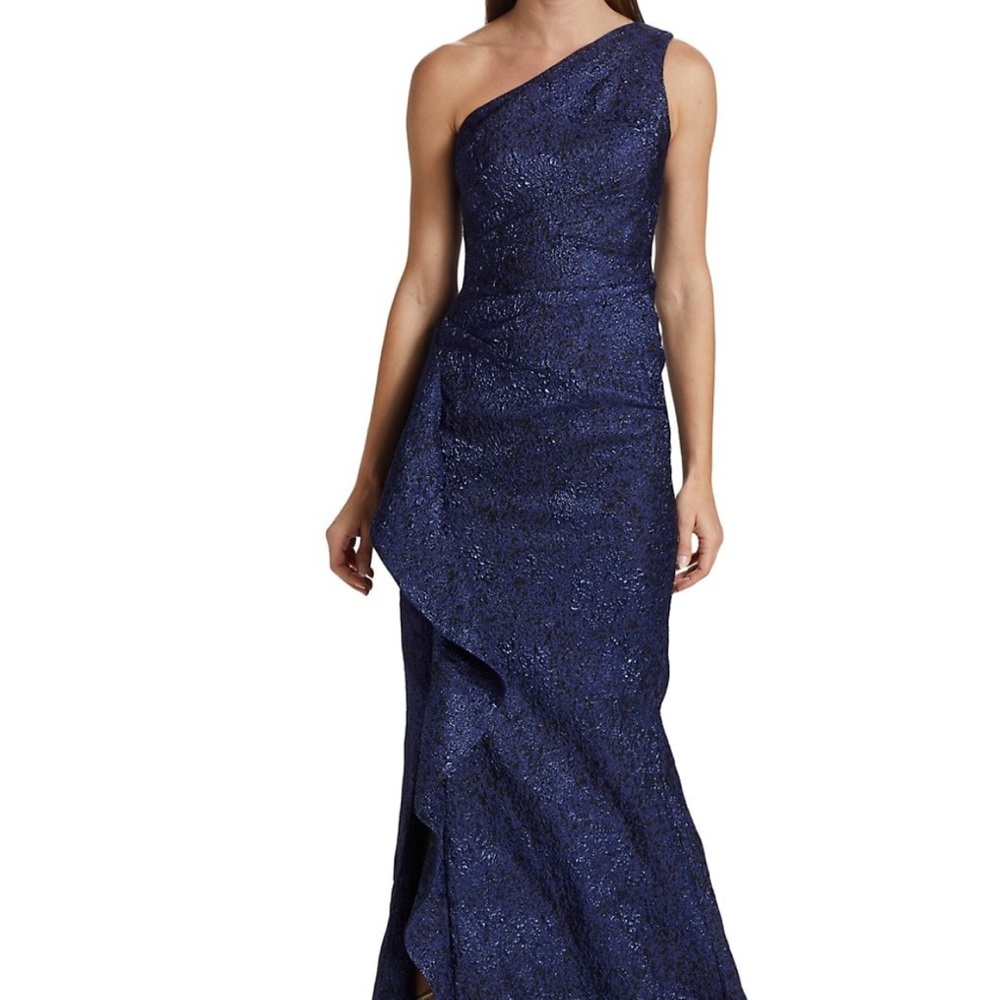 Rickie Freeman for Teri Jon One-Shoulder Navy Blue Evening Gown